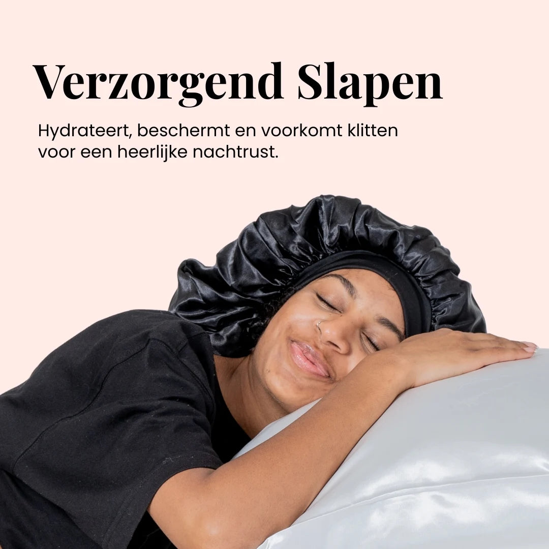 Beyeza satijnen slaapmuts in mat zwart met elegante en luxe uitstraling