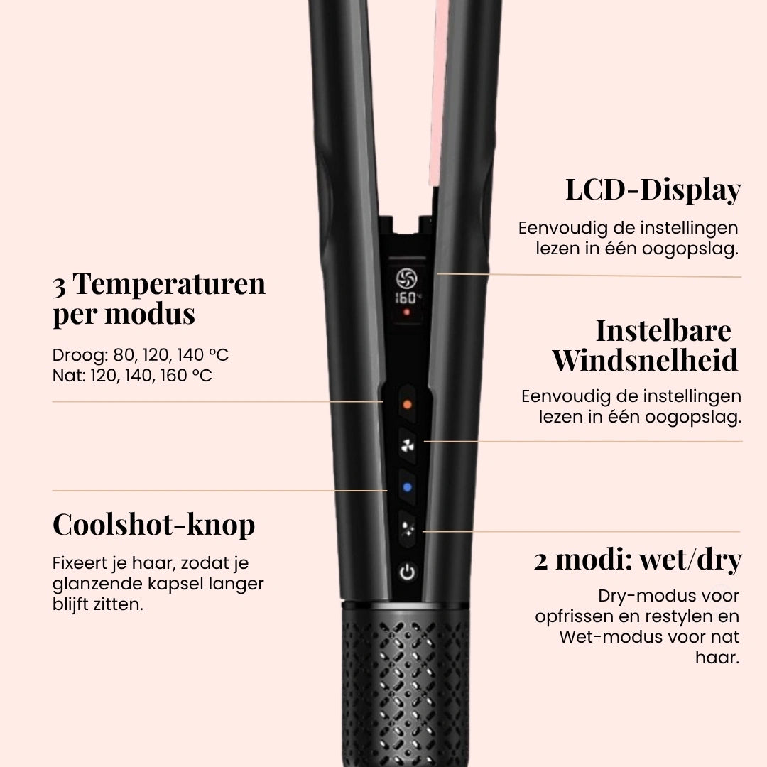 Innovatieve airstraight droogt nat haar terwijl het glad en pluisvrij blijft.
