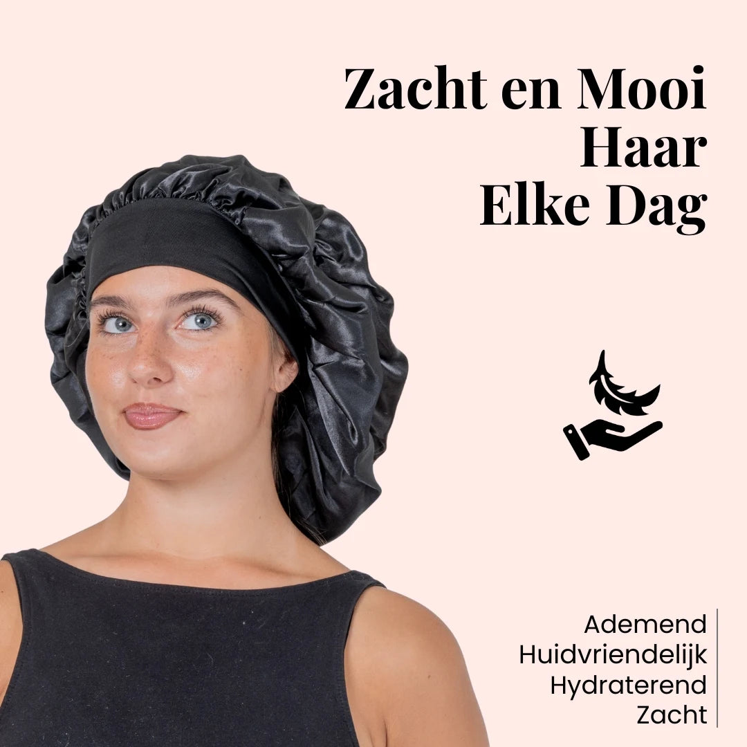 Beyeza zwarte satijnen slaapmuts tegen droog en breekbaar haar