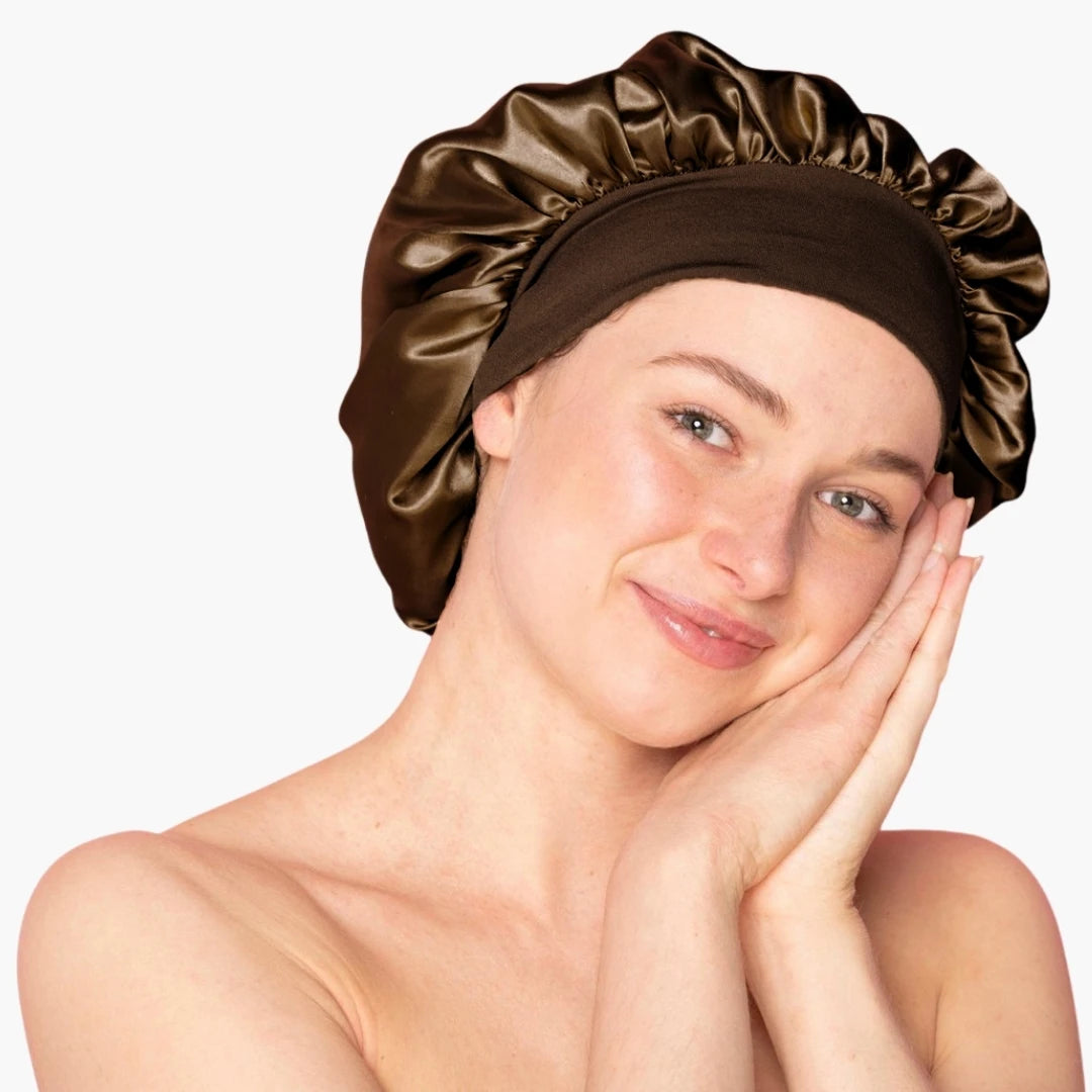 Beyeza satijnen slaapmuts in luxe uitvoering met bruine en blauwe kleur
