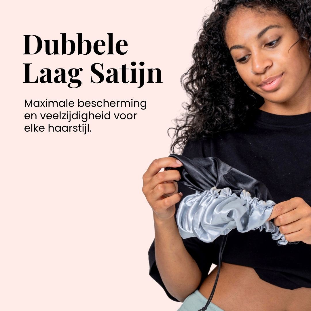 Satijnen slaapmuts dubbel verpakt voor gezonde haarverzorging in de nacht.